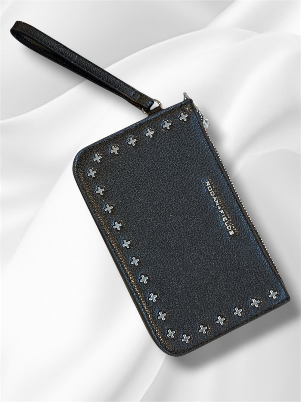 Rodan + Fields Black Pebbled Faux Leather Studded Wristlet Clutch Wallet Bag